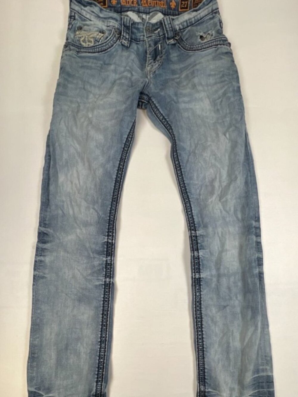 Rock Revival Jamon Slim Straight Jeans Mens 27 Light Wash Distressed Embroidered